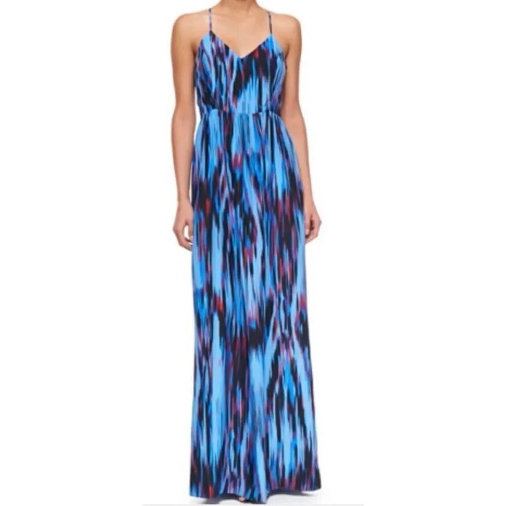 Parker Womens Silk Abstract Print V-Neck Maxi Dress Blue Red Size XS